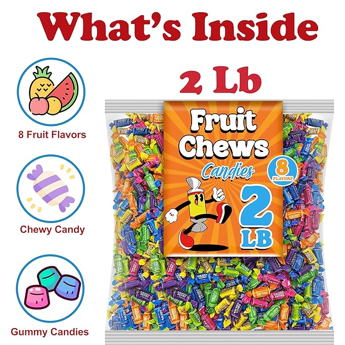 Fruit Chews Mix, Bulk 2 Lbs Individually Wrapped Candy, 8 Assorted Fruity Flavors Soft and Chewy Taffies, Peanut and Gluten Free, Colorful Candy for Parties, Appx 135 Pcs