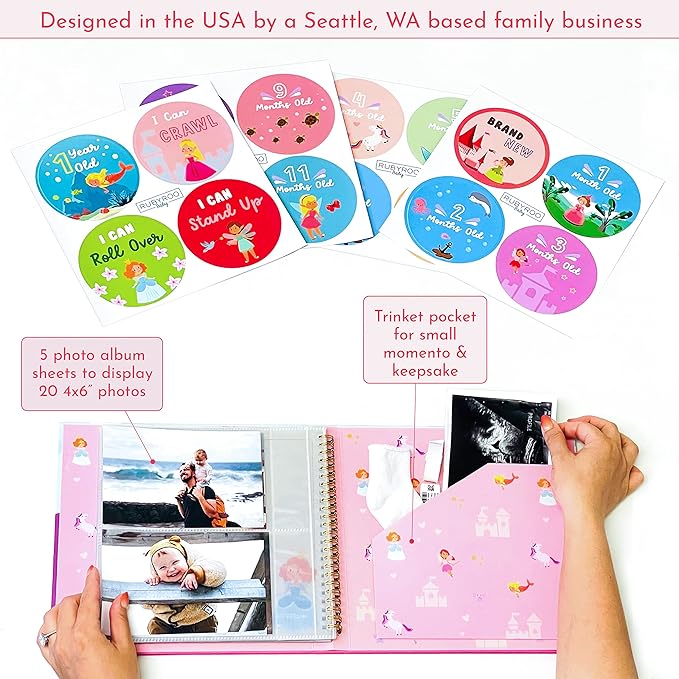 RubyRoo Baby Memory Book - Milestone Journal for Baby Girl - Baby Keepsake Photo Album - First 5 Years Scrapbook - Pregnancy Gift for Baby Shower, 60 Page Hardcover Record Book for Newborn - Fairyland