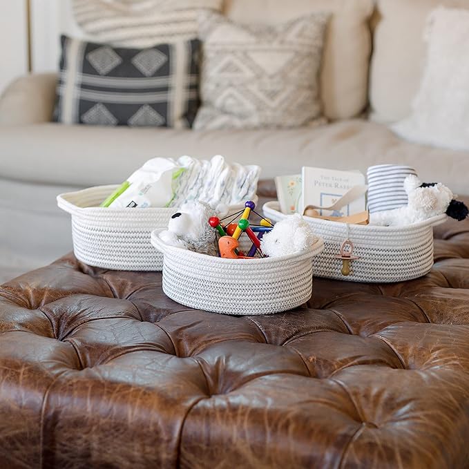 NaturalCozy 3-Piece Oval Storage Basket Set– Soft Natural Rope Woven Baskets for Storage Shelf, Toy, Nursery, Gift, Baby Shower, Pets Cat Dog Bins | Small Basket for Organizing (Black Stitching)