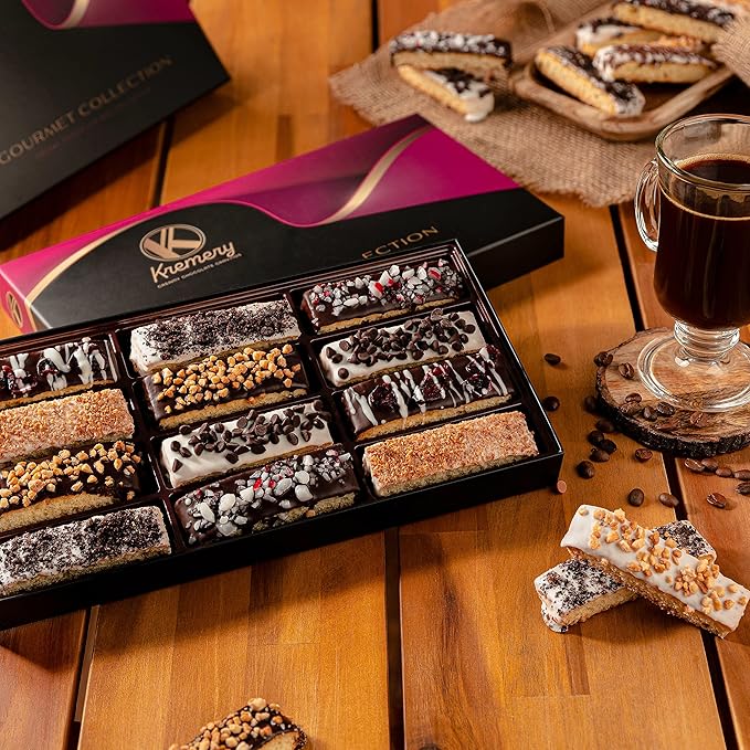 KREMERY Creamy Chocolate Cravings - Chocolate Covered Biscotti Cookies Gift Basket, in Elegant Gift Box (12 Biscotties, Assorted Sweet Toppings) Food Assortments USA Made