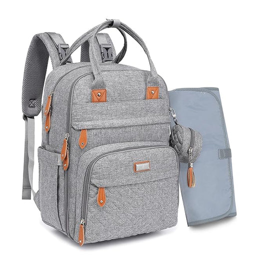 BabbleRoo Diaper Bag Backpack - Baby Essentials Travel Tote - Multi Function Water Resistant Diaper Bag, Travel Essentials Baby Bag with Changing Pad, Stroller Straps & Pacifier Case - Light Gray
