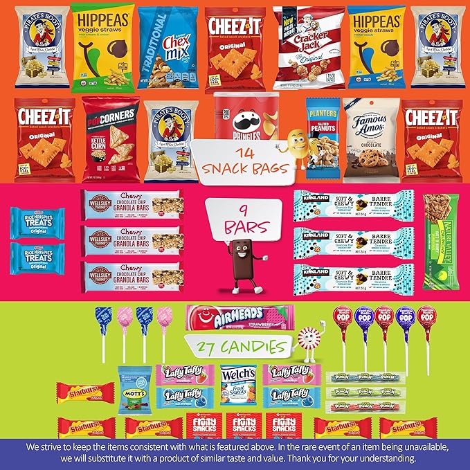 I AM Snacky - Back to School/Off to College Snack Box Variety Pack Care Package + Greeting Card - SNACKY'S BLISS BITES (50 Count) Birthday Sweet Treats Gift Basket, Candies Chips, Office Food Assortments
