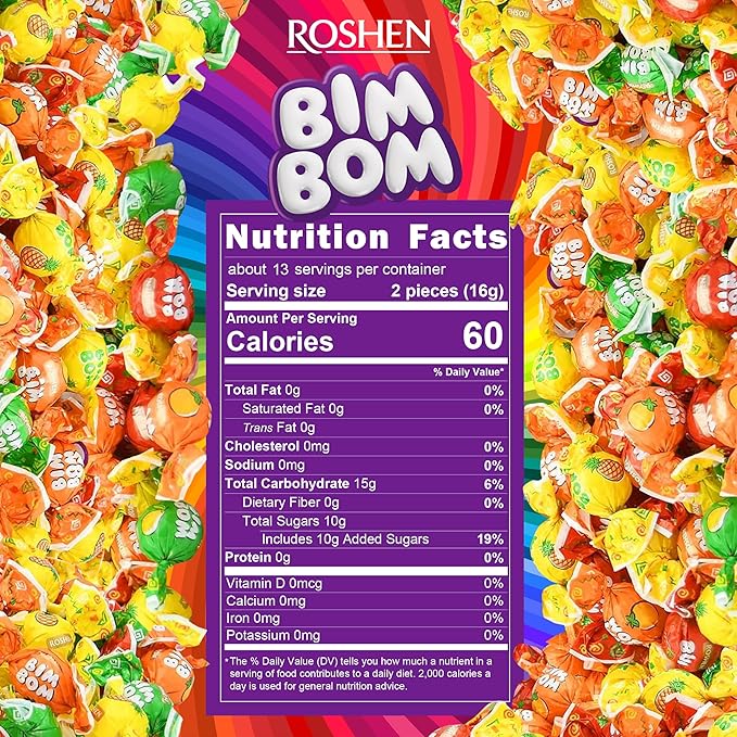 Roshen Bim Bom Hard Candy – Assorted Fruit & Berry Filled Candies, Individually Wrapped, 7.05 oz (200g), Pear, Pineapple, Strawberry, Tutti-Frutti – Kosher & Halal