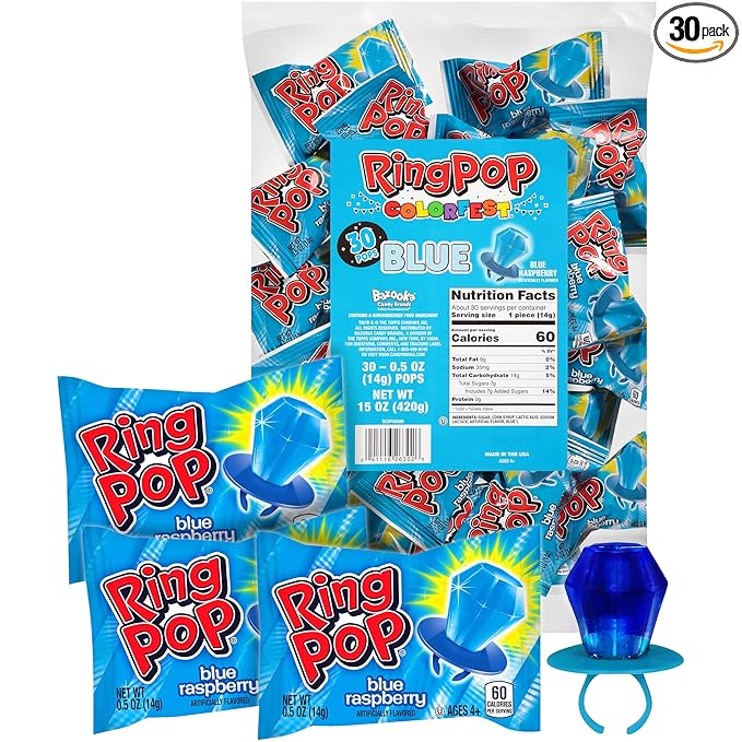 Ring Pop Individually Wrapped Blue Candy 30 Count Bulk Lollipop Pack – Raspberry Flavored Lollipop Suckers for Kids, Fun Candy Bulk for Gender Reveal & Bachelorettes, Kids Party Favors