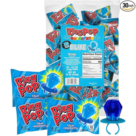 Ring Pop Individually Wrapped Blue Candy 30 Count Bulk Lollipop Pack – Raspberry Flavored Lollipop Suckers for Kids, Fun Candy Bulk for Gender Reveal & Bachelorettes, Kids Party Favors