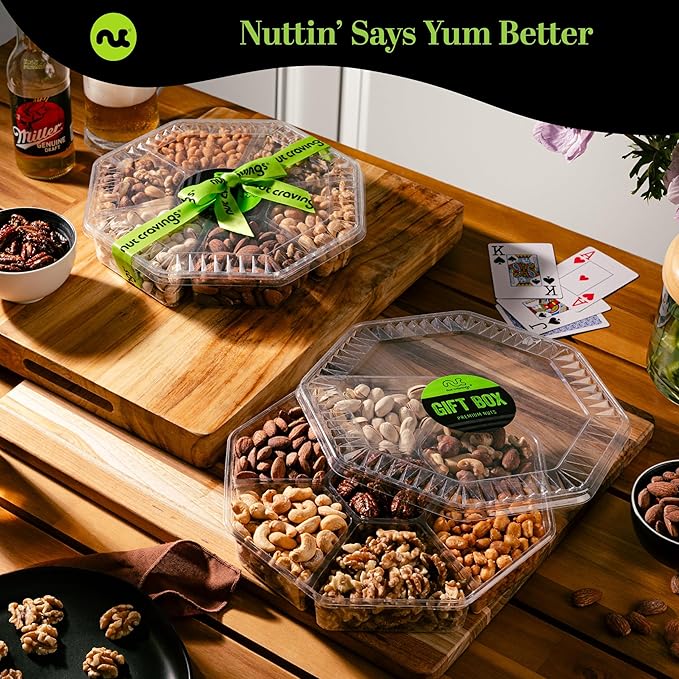 NUT CRAVINGS - Mixed Nuts Gift Basket in Black Gold Box (7 Assortments, 1 LB) Food Arrangement, Healthy Snack Care Package, Food Assortments