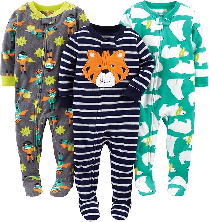 Simple Joys by Carter's Toddlers and Baby Boys' Loose-Fit Flame Resistant Fleece Footed Pajamas, Pack of 3