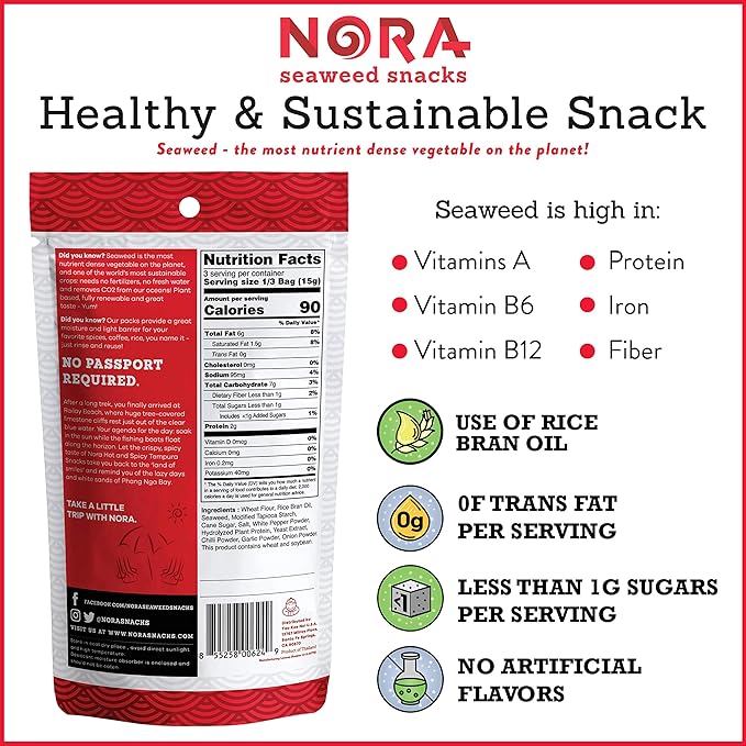 Spicy Tempura Seaweed Snacks by Nora, Thick Nori Sheets Snack Strips, Low-Carb Healthy Snacks for Adults, Asian Snacks, Vegan, Non-GMO, 6-Pack