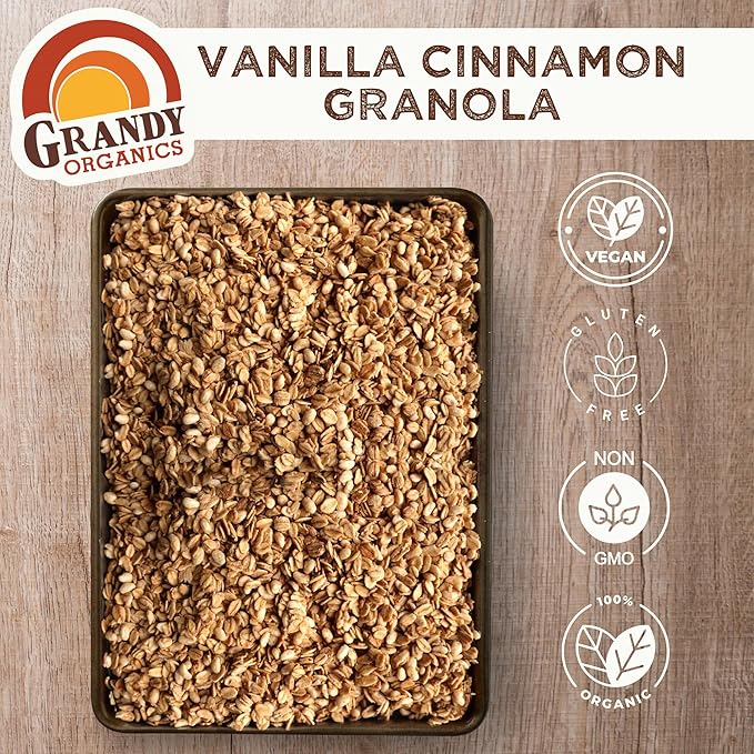 Grandy Organics Vanilla Cinnamon Granola, 10 Pound Bulk Bag, Certified Organic, Gluten Free, Non-GMO, Kosher, Plant Based Protein Granola