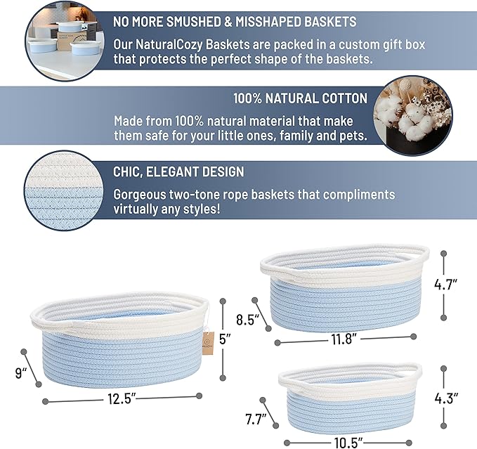 NaturalCozy 3-Piece Oval Storage Basket Set– Soft Natural Rope Woven Baskets for Storage Shelf, Toy, Nursery, Gift, Baby Shower, Pets Cat Dog Bins | Small Basket for Organizing (Off White & Blue)