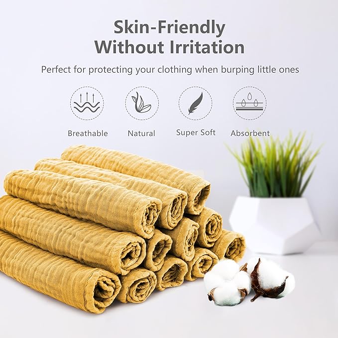 SWEET DOLPHIN 12 Pack Muslin Burp Cloths Large 100% Cotton Hand Washcloths for Baby - Baby Essentials Extra Absorbent and Soft Boys & Girls Milk Spit Up Rags for Newborn Registry - Honey, 20" X10"