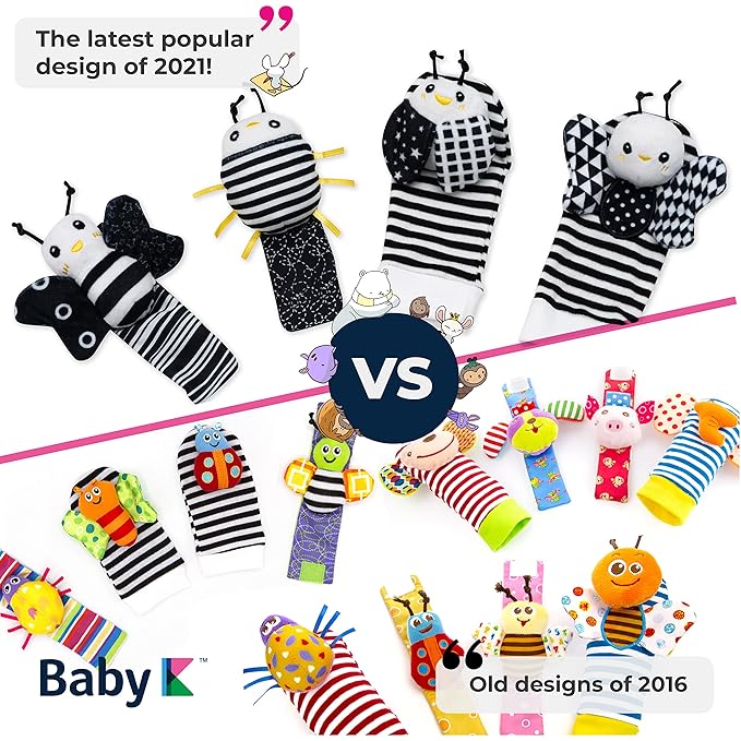 BABY K Baby Rattle Socks & Wrist Toys (Set E) - Newborn Toys for Baby Boy or Girl - Brain Development Infant Toys - Hand and Foot Rattles Suitable for 0-6, 6-12 Months Babies - Newborn Baby Gifts