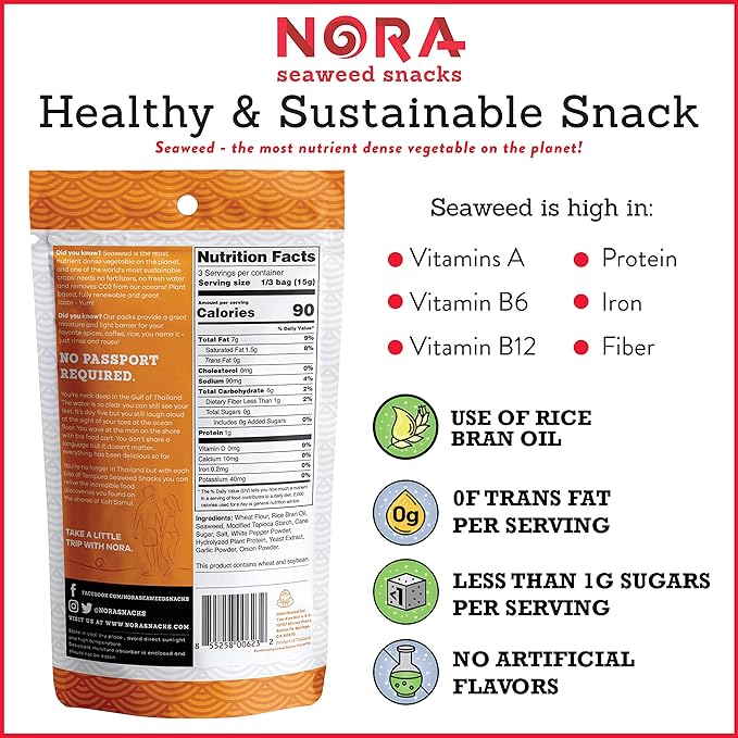 Original Tempura Seaweed Snacks by Nora, Thick Nori Sheets Snack Strips, Low-Carb Healthy Snacks for Adults, Asian Snacks, Vegan, Non-GMO, 6-Pack