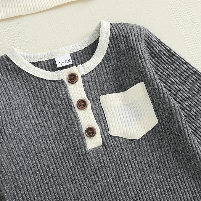 fhutpw Newborn Baby Boy Clothes Ribbed Knit Bodysuit 3 6 Months Infant Fall Long Sleeve Splicing Color Romper Jumpsuit & Hat