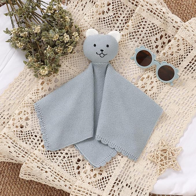 LAWKUL Baby Blanket Bear Lovey Soft Cuddly Security Blanket for Newborns Infants Boy Girl Knit Snuggle Comfort Blue 16x16in