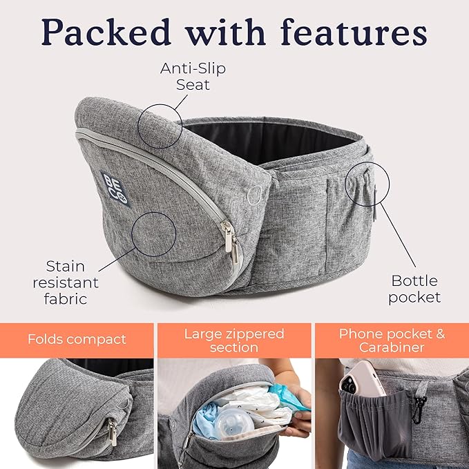 Beco Foldable Hip Seat Carrier - Baby 4-in-1 Easy-to-Use Carrier with Space-Saving Design for Newborn to Toddler (0-36 months/7-32.8 lbs (Gray)