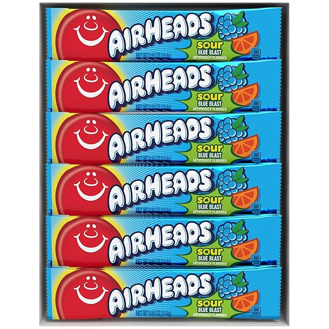 Airheads Sour Mini Halloween Trick or Treat Taffy Candy Bars, Blue Blast Flavored, Individually Wrapped Candy for Adults & Kids, Treat Bags & Party Favors, 36 Bars