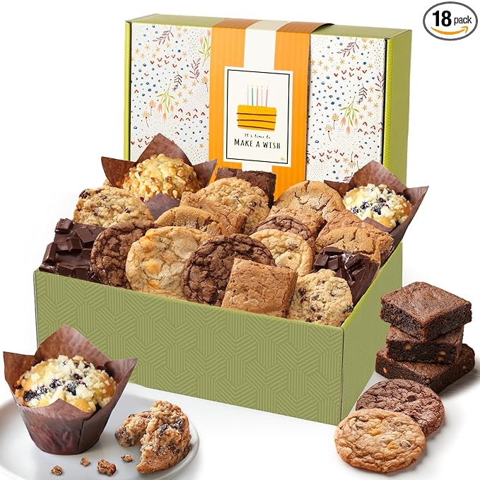 Broadway Basketeers Happy Birthday Gift Baskets for Prime Delivery Gourmet Cookie Gifts Box with Brownies, Individually Wrapped Edible Care Package for Men, Women, Husband, Wife, Mom, Dad, Families