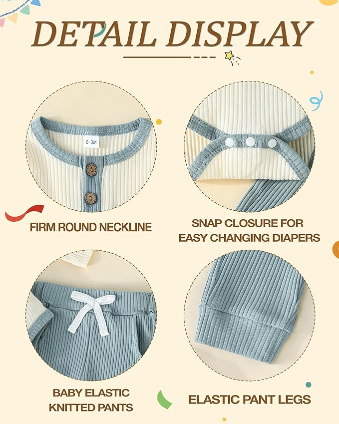 Newborn Baby Boy Girl Clothes Ribbed Knit Cotton Long Sleeve Romper Long Pant Preemie Solid Color Unisex Outfits