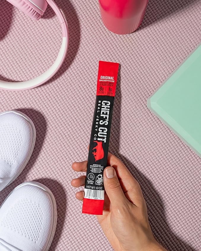 Chef's Cut Smoked Beef and Pork Jerky Meat Sticks, Original Smokehouse (1 Ounce Stick, Pack of 12) - High Protein, 8g Protein, 90 Calories, Gluten-Free, Individually Wrapped, Keto Friendly Snack, Low Carb Snack