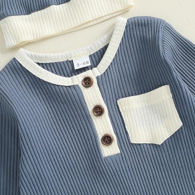 fhutpw Newborn Baby Boy Clothes Ribbed Knit Bodysuit 3 6 Months Infant Fall Long Sleeve Splicing Color Romper Jumpsuit & Hat
