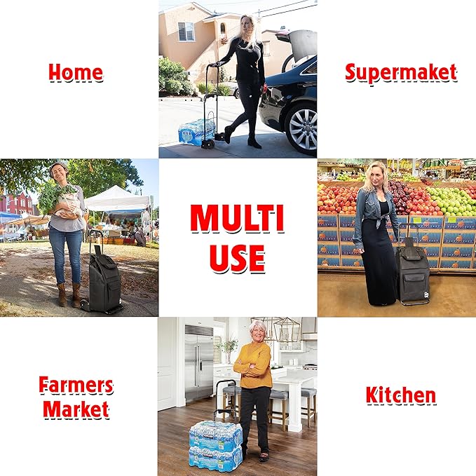 dbest products Trolley Dolly Compact with Pockets – Foldable Grocery Cart on Wheels – Multi Use Rolling Cart with Removable Bag, Storage Pockets, and Hand Truck Dolly Function, Black