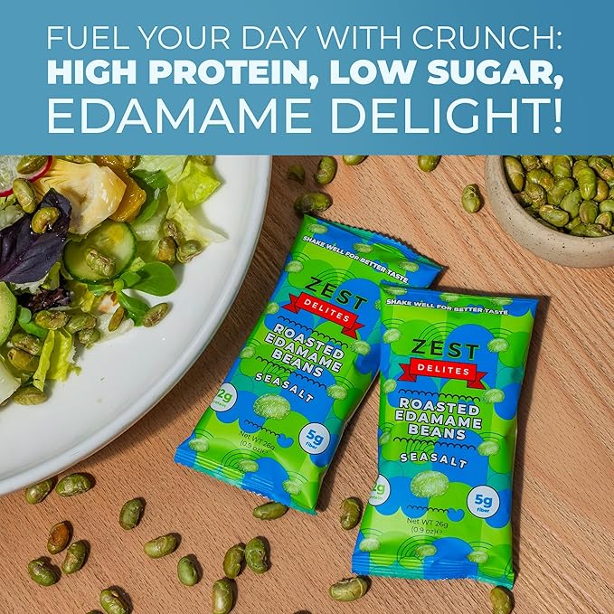 Crunchy Dry Roasted Edamame Beans Snack by Zest Delites, Sea Salt, Vegan, Low Calorie (110cal) High Protein Snacks (12g), Low Carb, Keto, Gluten Free, 0.9 oz 24 Packs