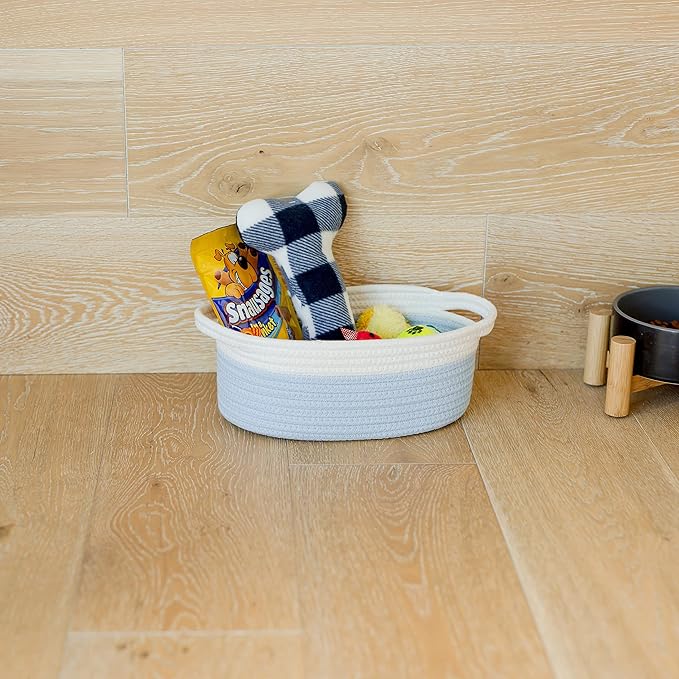 NaturalCozy 3-Piece Oval Storage Basket Set– Soft Natural Rope Woven Baskets for Storage Shelf, Toy, Nursery, Gift, Baby Shower, Pets Cat Dog Bins | Small Basket for Organizing (Off White & Blue)