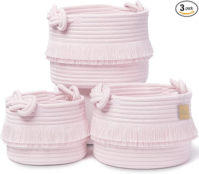 NaturalCozy 3-Piece Decorative Storage Basket Set – Pink Cotton Rope Small Woven Baskets for Organizing for Nursery Baby Stuff, Gift, Vanity, Montessori, Dog Cat Toy Bin, Planter, Bathroom Shelves