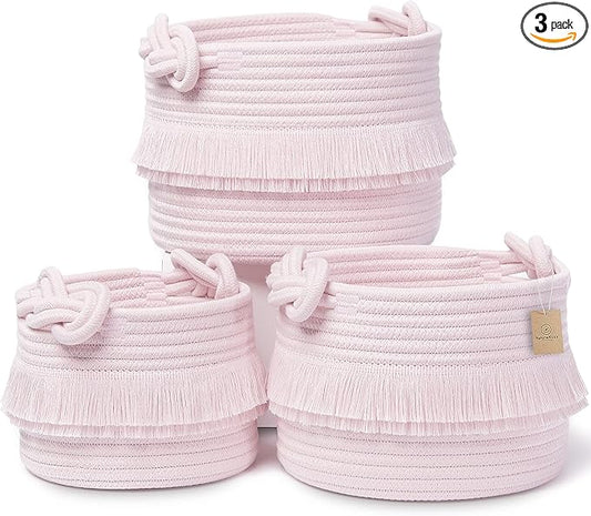 NaturalCozy 3-Piece Decorative Storage Basket Set – Pink Cotton Rope Small Woven Baskets for Organizing for Nursery Baby Stuff, Gift, Vanity, Montessori, Dog Cat Toy Bin, Planter, Bathroom Shelves