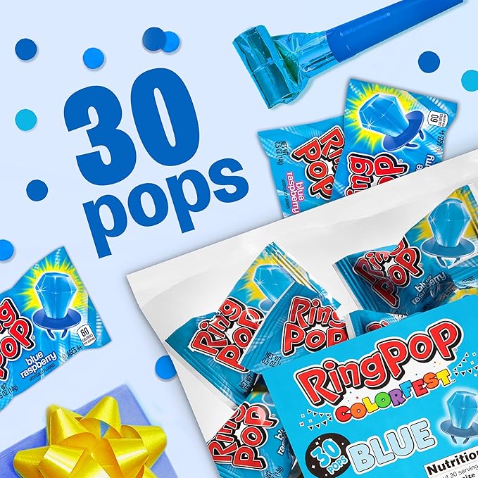 Ring Pop Individually Wrapped Blue Candy 30 Count Bulk Lollipop Pack – Raspberry Flavored Lollipop Suckers for Kids, Fun Candy Bulk for Gender Reveal & Bachelorettes, Kids Party Favors