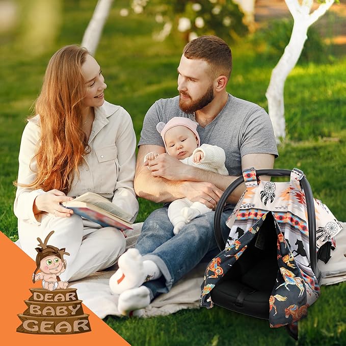 Dear Baby Gear - Baby Car Seat Canopy - Infant Car Seats Covers - Carseat Canopies for Boys and Girls - Toddler Carseat Cover with Snap Opening 40"x30"(Southwestern Tribal Horses - Reversible)