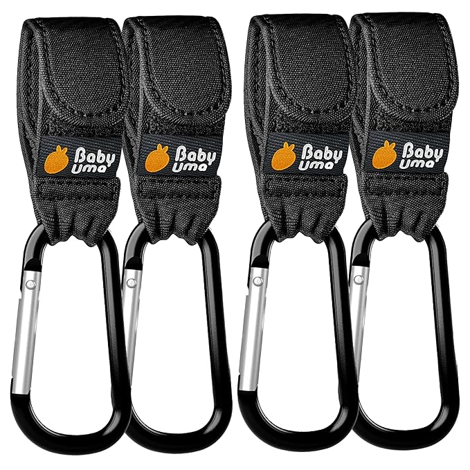 Baby Uma 4-Pack Stroller Hooks - Universal Bag Clips for Diaper Bags, Carry 11 lbs Each, Adjustable Straps