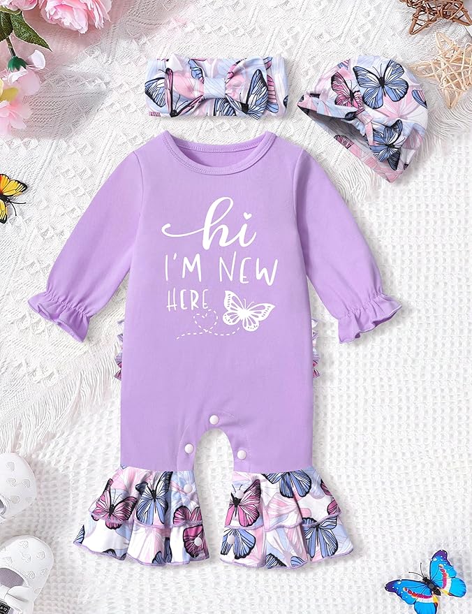 AGAPENG Newborn Girl Clothes Ruffle Letter Print Romper Infant Bell Bottom Jumpsuit Boho Baby Girl Clothes with Headband Hat