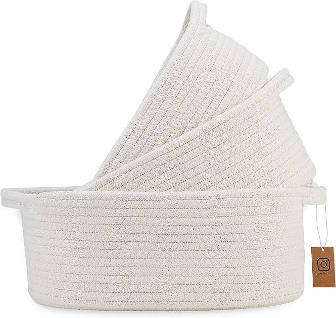 NaturalCozy 3-Piece Oval Storage Basket Set– Soft Natural Rope Woven Baskets for Storage Shelf, Toy, Nursery, Gift, Baby Shower, Pets Cat Dog Bins, Kitchen | Small Basket for Organizing (Off White)