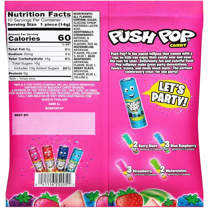 Push Pop Lollipops, Hard Candy Variety Pack, 10 Count Lollipops Individually Wrapped in Fruity Flavors, Full Size, Fun Candy For Pinatas, Birthdays, Party Favors & Gifts for Kids