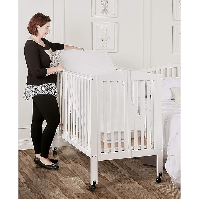 Dream On Me 3-in-1 Portable Folding Stationary Side Mini Baby Crib in White & Mattress, GreenGuard Gold & JPMA, Use as Changer & Playpen, Locking Wheels, 3 Mattress Heights, Extra Firm Mattress