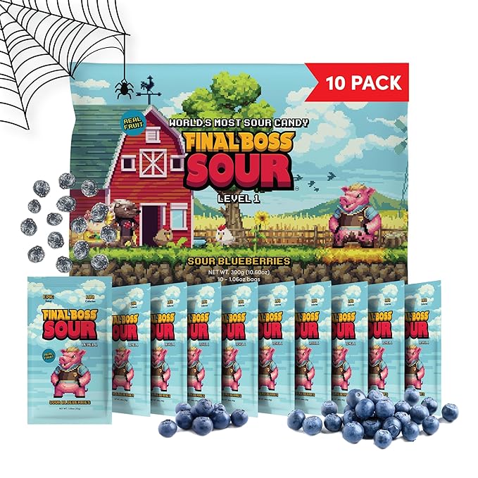 Final Boss Sour Candy, Sour Blueberries, 10 Pack, Level 1, Fruit Chews with Real Dried Fruit, No Artificial Colors or Flavors, Low Calorie Snack for Kids, Teens, Adults, Lunch Boxes & On The Go