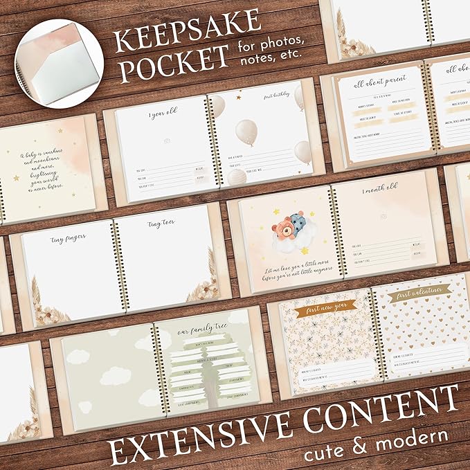 Elegant Design Baby Memory Book for Boy or Girl, Baby 5 Years Journal with Keepsake Sleeve, First Time Mom must have with 24 Baby Milestone Stickers, Scrapbook or Photo Album.