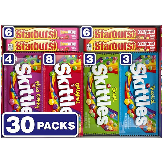 SKITTLES & STARBURST Assorted Candy Variety Pack for Holidays, Candy Assortment, Party Favors, 62.79 oz (30 Count) Bulk Box