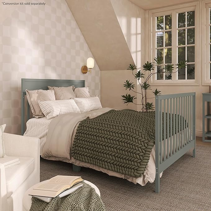 Dream On Me Owen 5-in-1 Convertible Full-Size Baby Crib in Seagrass, GreenGuard Gold & JPMA, Converts to Toddler, Day, & Full-Size Bed, Non-Toxic Paint, Safe Sleep Environment