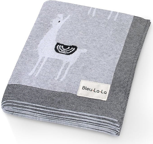 Knit Baby Swaddle Blanket - 100% Luxury Cotton Soft Cozy Receiving Swaddle Crib Stroller Blanket for Shower Gift Registry for Newborns, Infants, Toddlers (Llama - Grey)