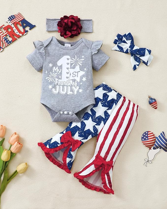 SUNNY PIGGY Newborn Baby Girl Clothes Infant Outfits Romper Floral Fall Outfit Bell Bottoms Pant Sets Hat Headband Flowerpant