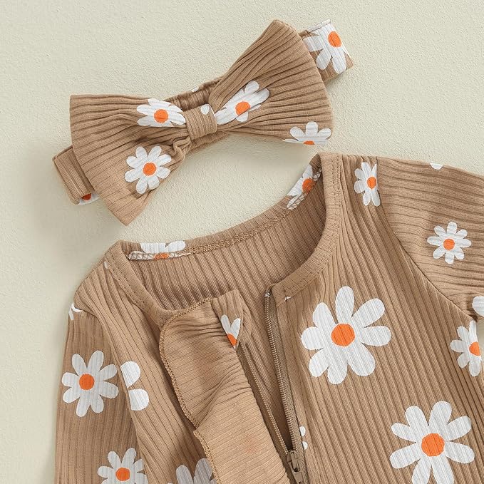 Newborn Girl Clothes Baby Girl Coming Home Outfit Zipper One-piece Outfits Ruffle Footie Bodysuit Jumpsuit Headband