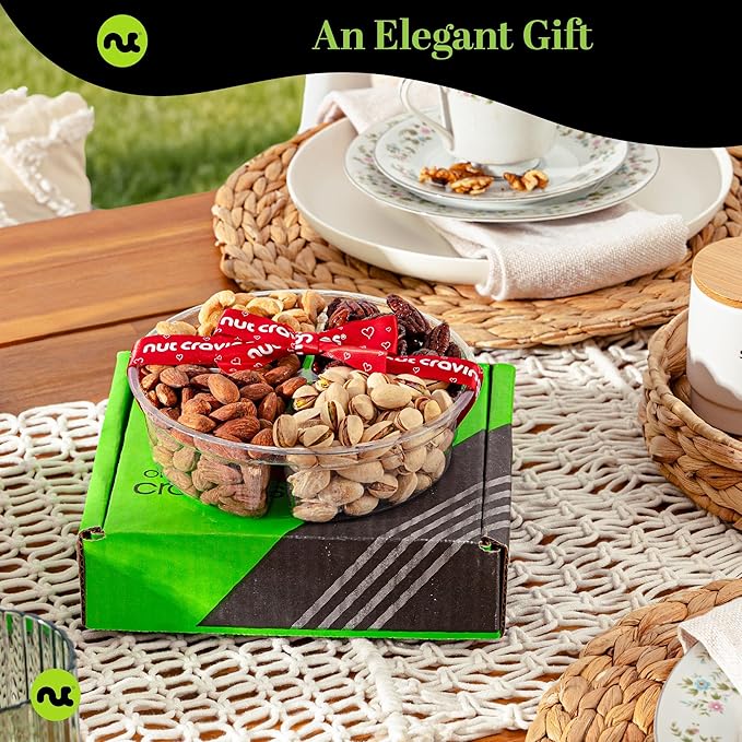 NUT CRAVINGS - Mixed Nuts Gift Basket + Heart Ribbon (4 Assortments) Food Arrangement, Healthy Snack Care Package, Food Assortments