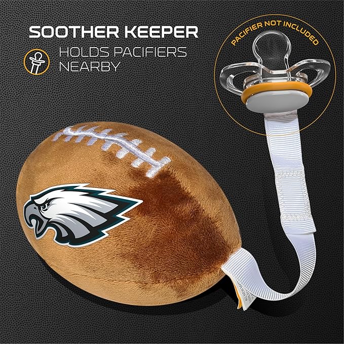 Philadelphia Eagles Plush Football Pacifier Holder by Smilo - Officially Licensed NFL Soother Holder - Soft Plush Toy and Dummy Holder - Fits Any Pacifier - Stroller Accessory & Newborn Essential