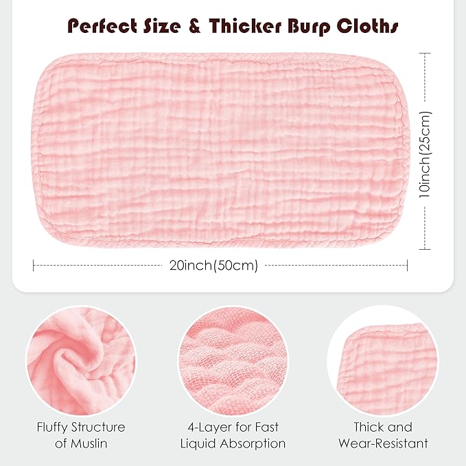 Muslin Burp Cloths 100% Cotton Large 20''x10'' Extra Soft and Absorbent Baby Wash Cloths Spit Up Rags - Baby Burping Cloth for Boys Girls Items(12 Pack Pink)