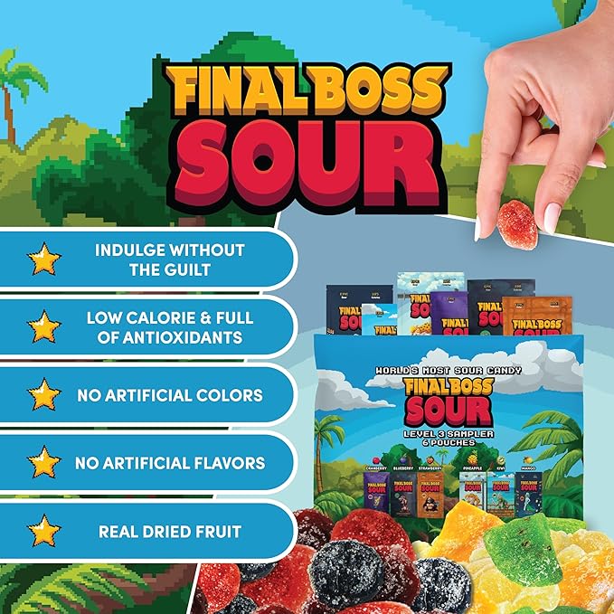 Final Boss Sour Candy, Variety Pack, 6 Packs, Level 3, Extreme Sour Fruit Chews with Real Dried Fruit, No Artificial Colors or Flavors, Low Calorie Snack for Kids, Teens, Adults & On the Go