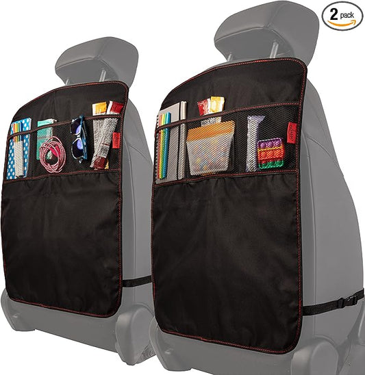 Lusso Gear Heavy Duty Kick Mats (2 Pk) - Back Seat Protector, Sag Proof, Waterproof, Car Back Seat Cover for Kids Who Make Big Messes, 3 Reinforced Storage Pockets, Premium Oxford Fabric (Red)