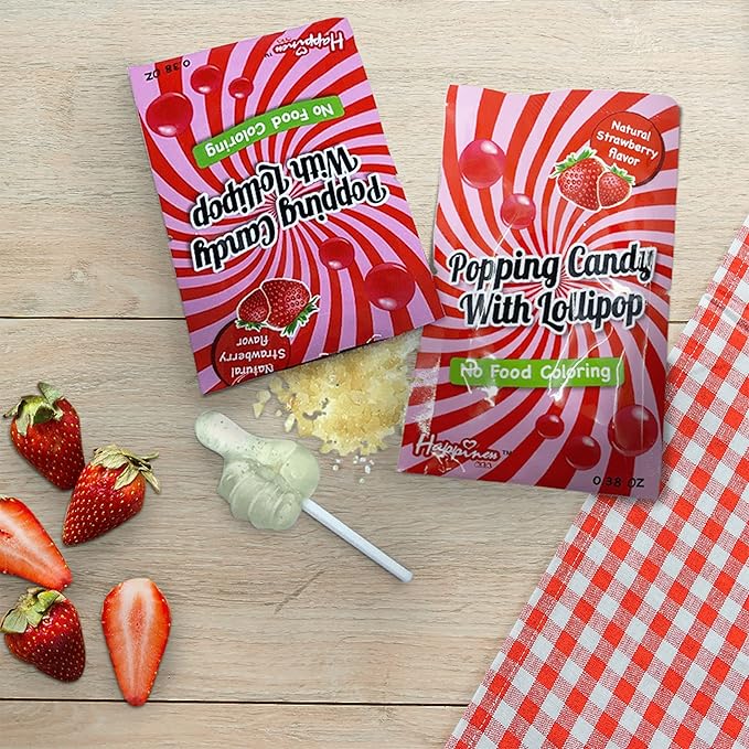 Happiness USA 50 Pack Pop Rock Candy with Dip Lollipops Individually Wrapped | All Natural Dye Free Suckers & Strawberry Candy Rocks No Artificial Colors or Flavors | Non Dairy Birthday Party Favors